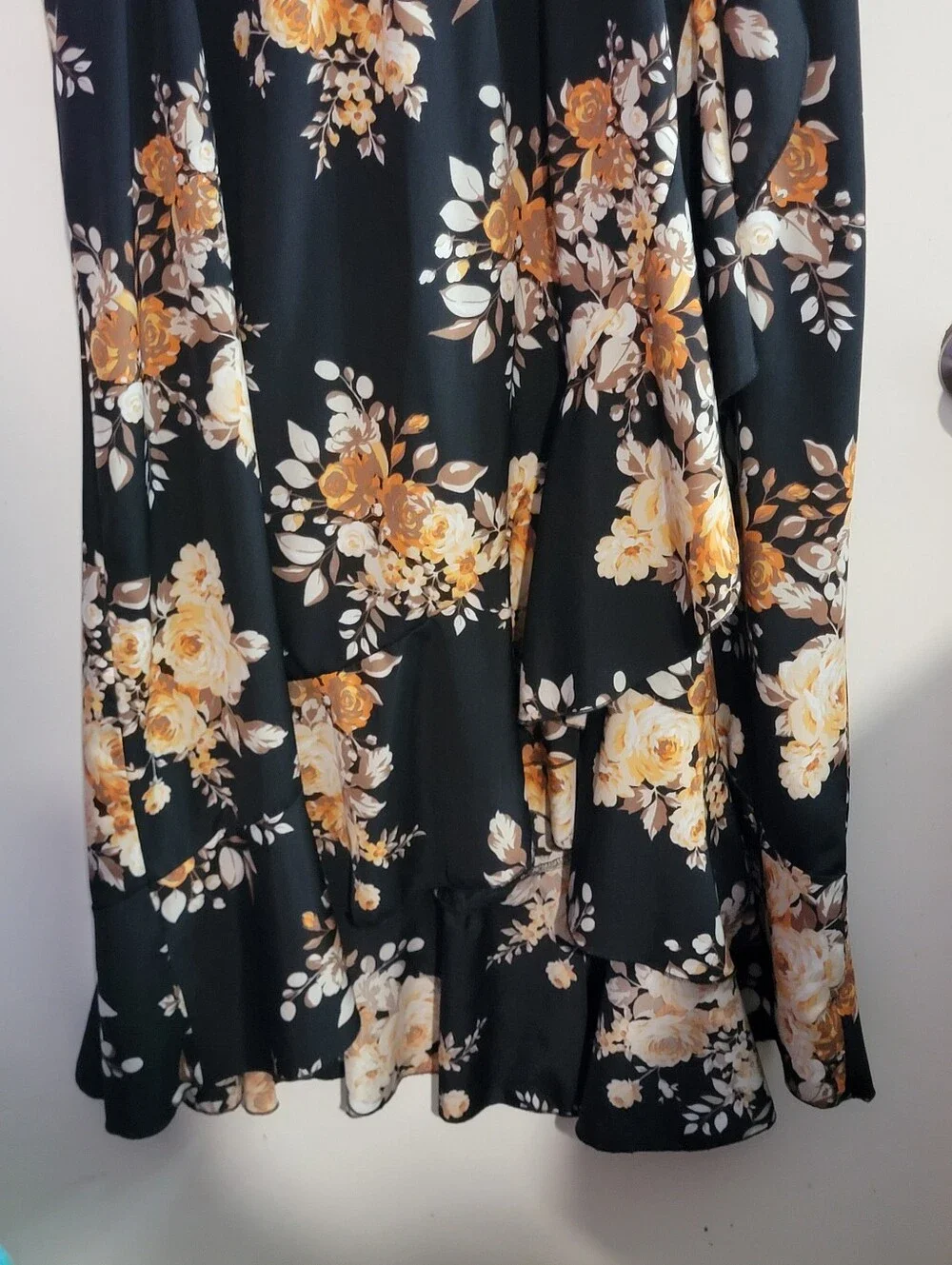Floral Faux Wrap High Low Dress in Black and Mustard - Picture 2 of 10
